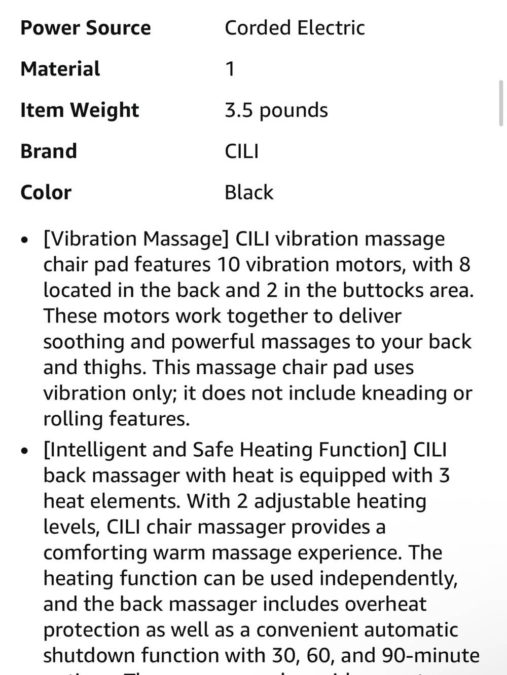 NIB Massage Chair Pad, Back Massager with Heat and Seat with 10 Vibration Motors - Picture 9 of 14